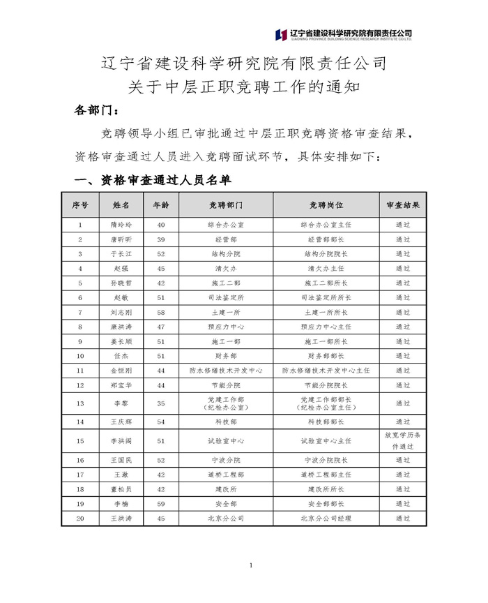 遼寧省建設科學研究院有限責任公司 關于中層正職競聘工作的通知(圖1)