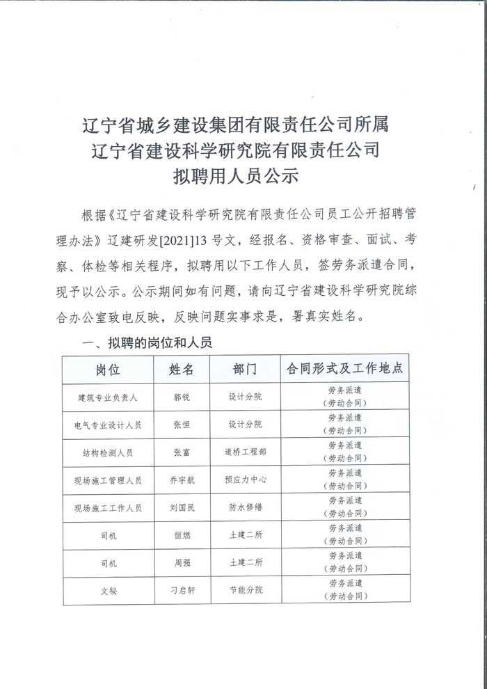 遼寧省建設(shè)科學(xué)研究院有限責(zé)任公司擬招聘人員公示(圖1)